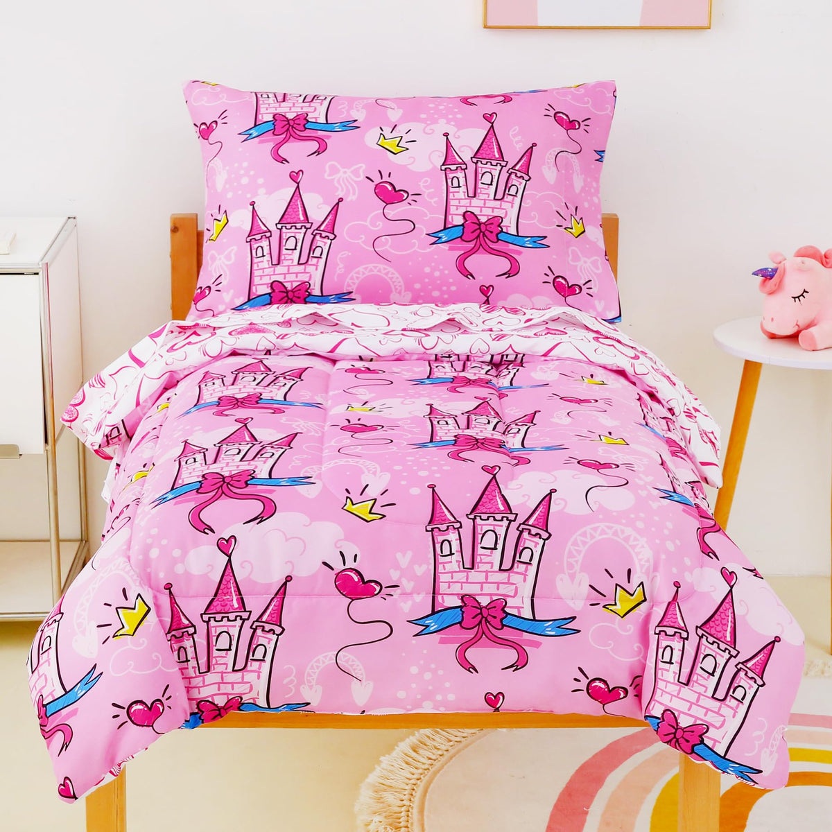Mooreeke Toddler Bedding Sets for Girls,4 Pieces Blue Ocean Animals Printed