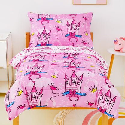 Mooreeke Toddler Bedding Sets for Girls,4 Pieces Blue Ocean Animals Printed