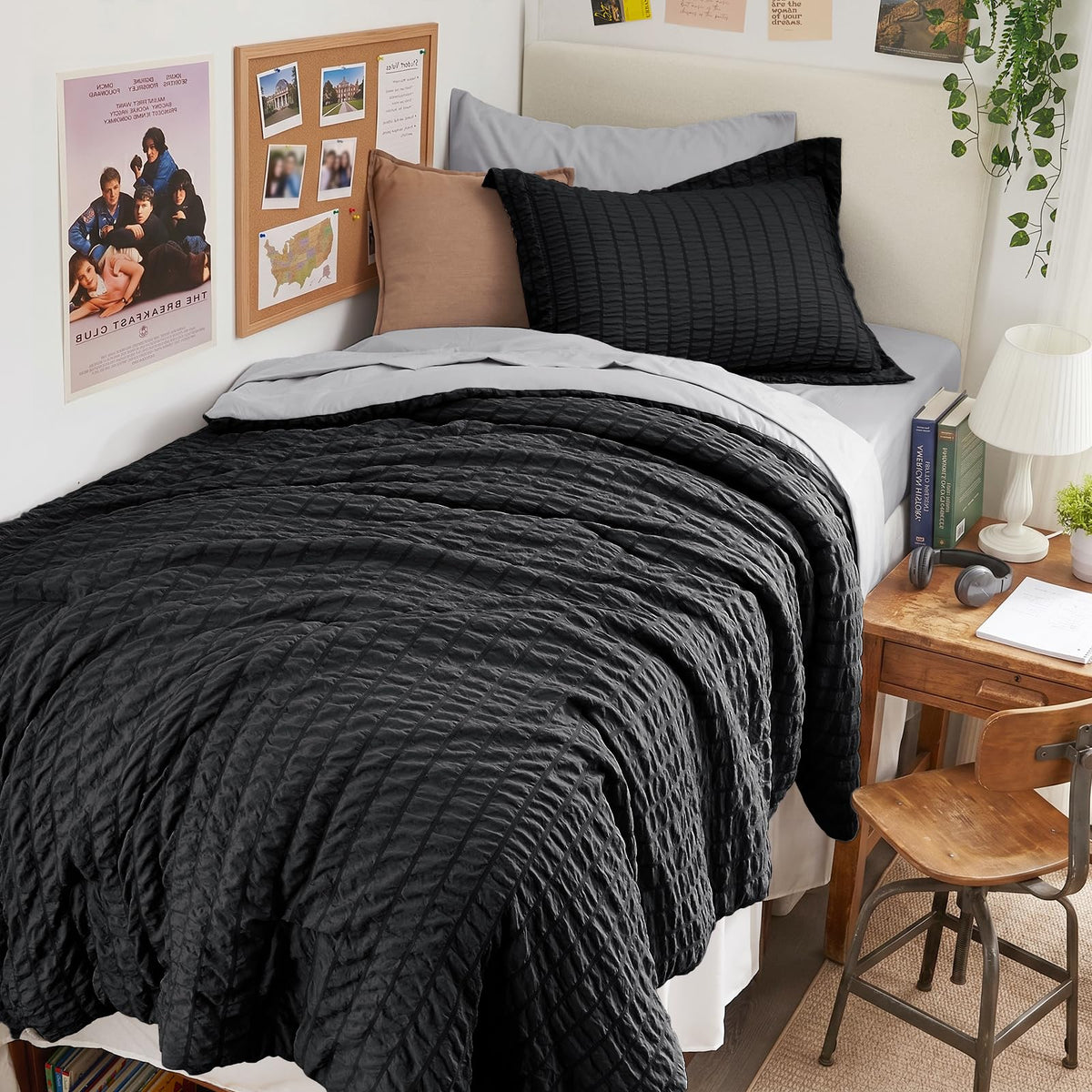 Full Comforter Set - 7PCS Bed in a Bag, Seersucker Bedding Set, Dark Grey