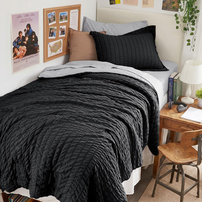Full Comforter Set - 7PCS Bed in a Bag, Seersucker Bedding Set, Dark Grey