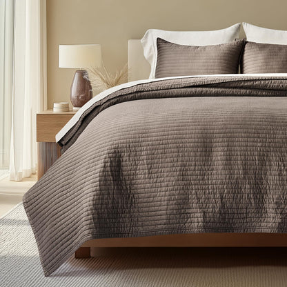 EVERGRACEHOME Cotton Sateen Quilt Set, Queen Size, Olive Green