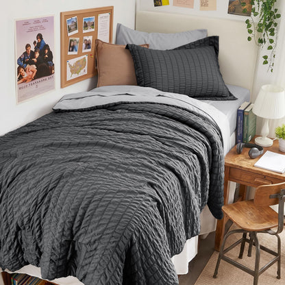 Full Comforter Set - 7PCS Bed in a Bag, Seersucker Bedding Set, Dark Grey
