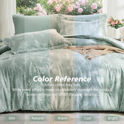 MUXHOMO Queen Comforter Set, 7-Piece Floral Bed in a Bag, Sage Green
