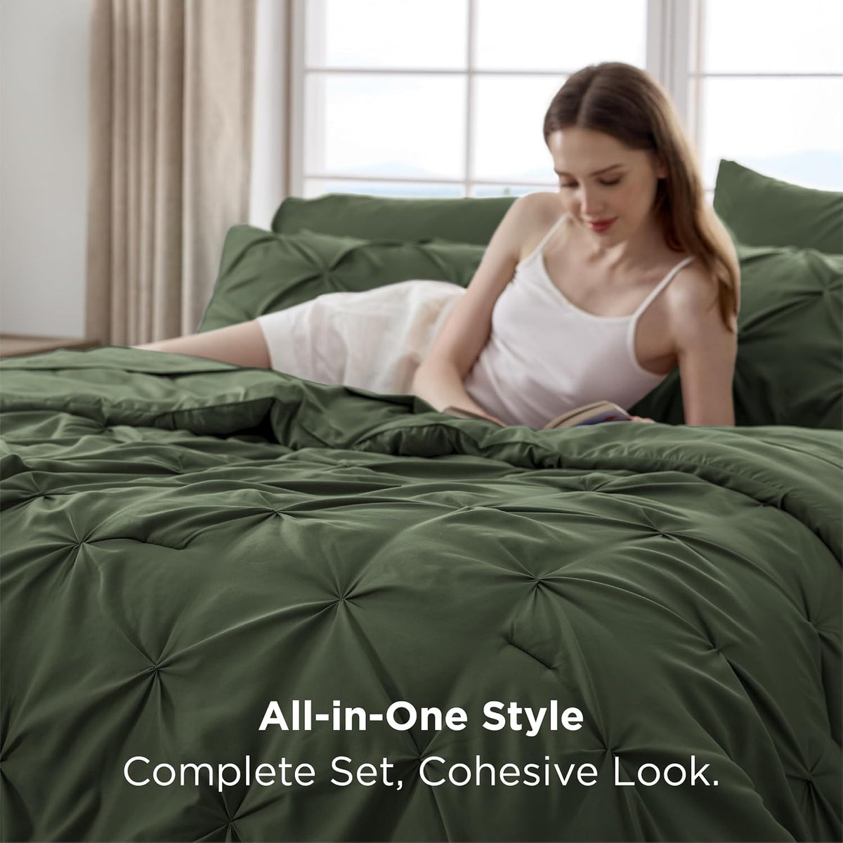 Bedsure 7-Piece King Size Comforter Set & Sheets, Olive Green King Bedding