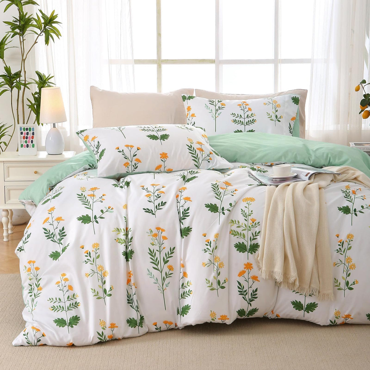 MUXHOMO Duvet Cover King Size, 3-Piece Floral Grey-Blue Bedding Set