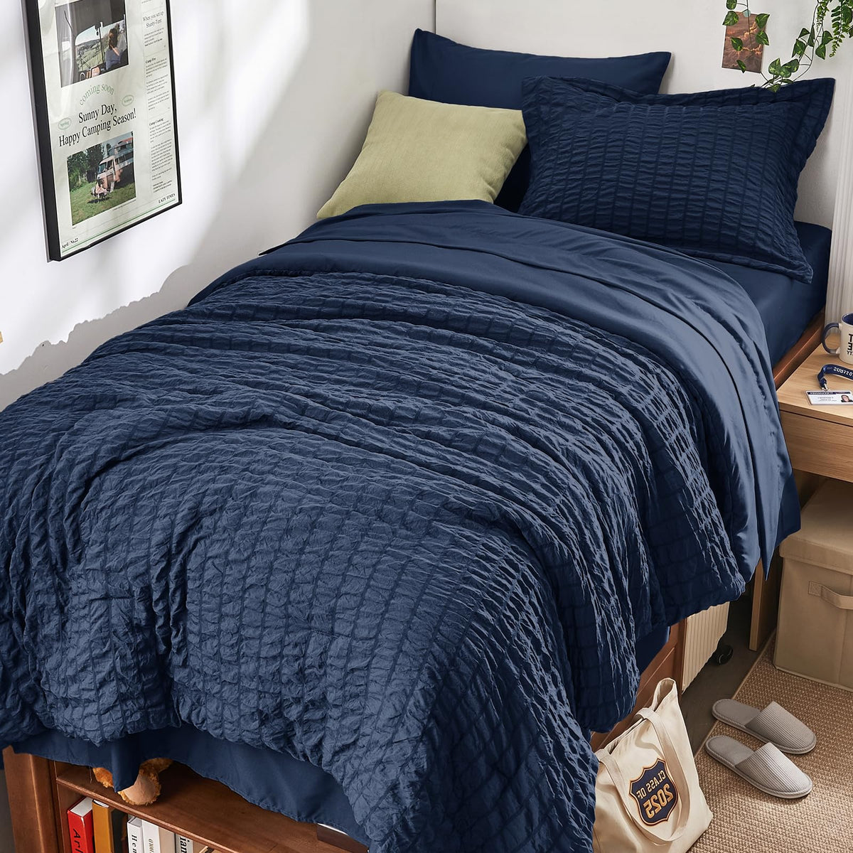 Queen Comforter Set - 7PCS Bed in a Bag, Seersucker Bedding Set, Beige