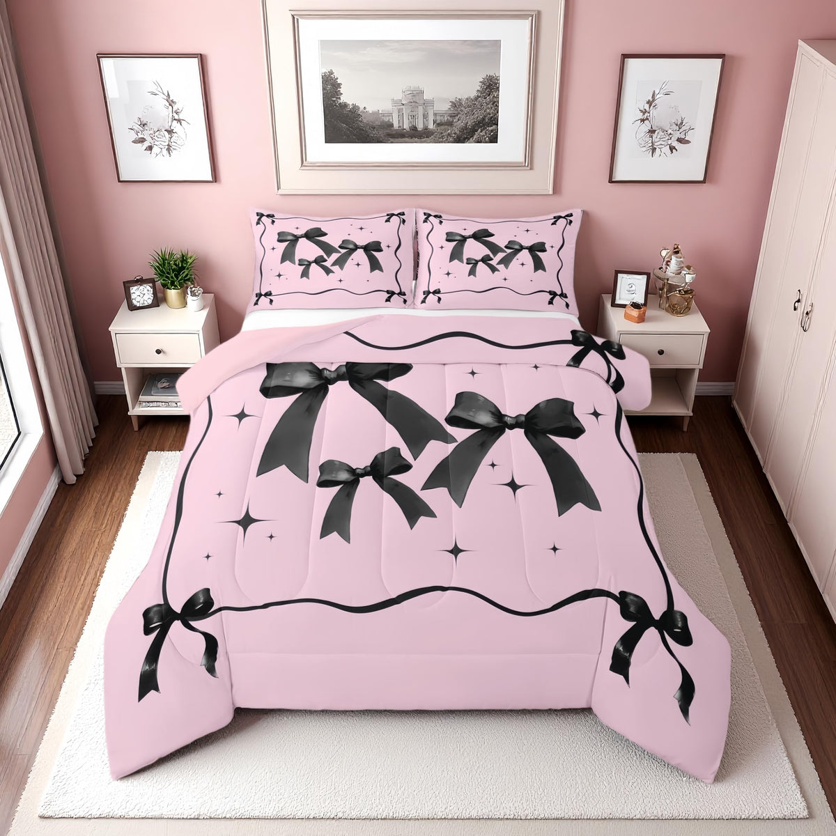 Erosebridal Cute Pink Bow Twin Bedding Set for Girls,Ribbon Bow Knot Comforter Set for Kids Kawaii Room Decor,Princess Bowknot Bed Set Girly Pink Bows Bedding Comforter Sets,1 Pillowcase