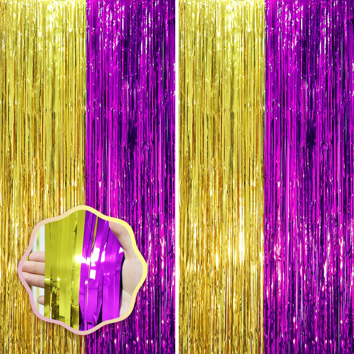 Voircoloria Laser Pink Foil Fringe Backdrop Curtains,3.3x6.6ft, 2 Pack