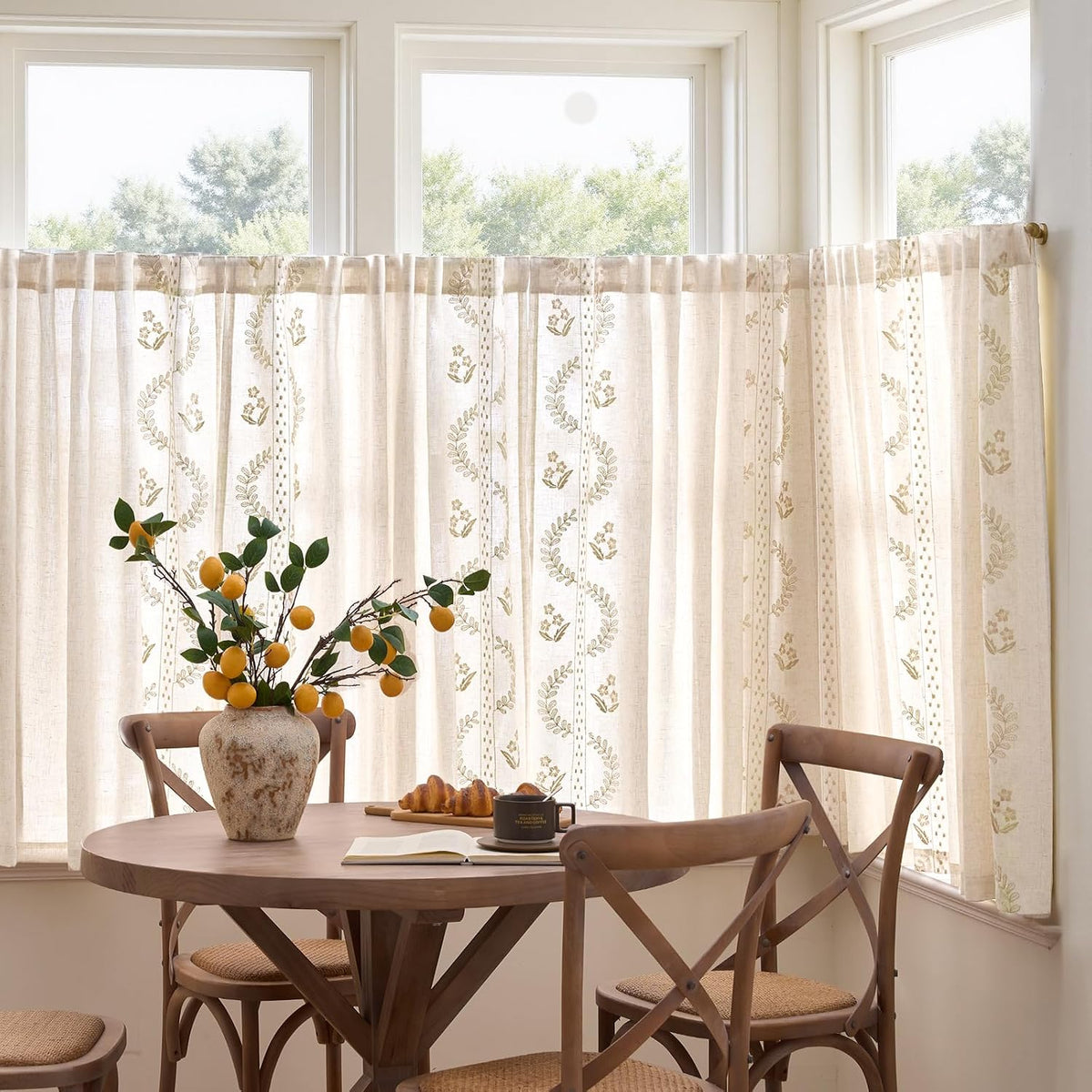 jinchan Beige Floral Linen Kitchen Tier Curtains 50x45 Inch 2 Panels