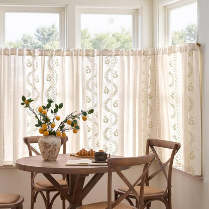 jinchan Beige Floral Linen Kitchen Tier Curtains 50x45 Inch 2 Panels