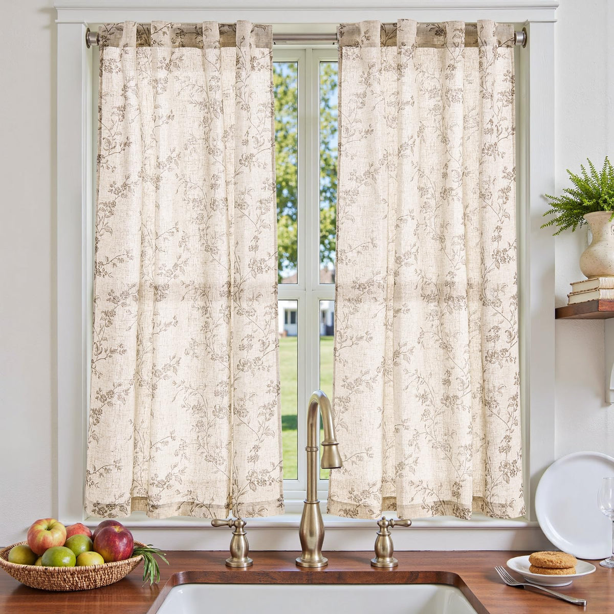 jinchan Floral Linen Kitchen Tier Curtains, 24 Inch, 2 Panels, Green