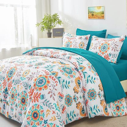 DHSFKBE Floral Comforter Set Queen Size,7 Piece Orange Bed in a Bag, Elegant Flower Pattern Comforter Set with Sheet, Soft Microfiber Complete Bedding Sets for All Season