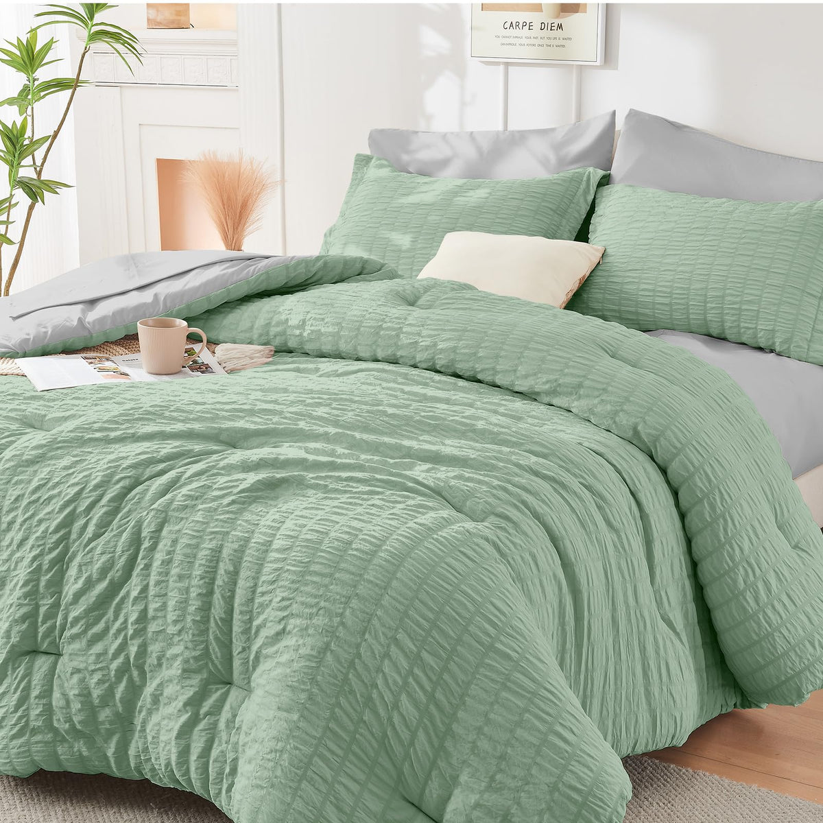 Full Comforter Set - 7PCS Bed in a Bag, Seersucker Bedding Set, Dark Grey