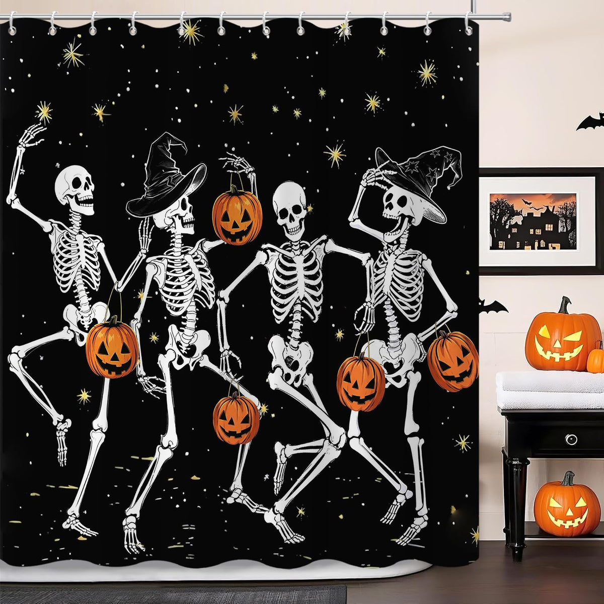 Halloween Shower Curtain, Black and White Funny Ghosts Icons Spooky Cute Halloween Bathroom Curtain Waterproof Fabric Machine Washable with Hooks, 72" Wx72 L