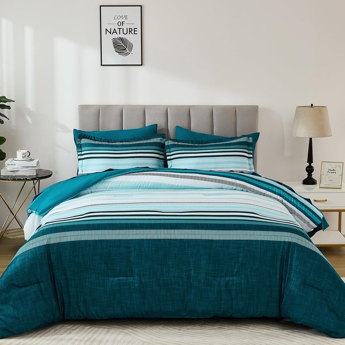 Dobuyly Teal Queen Comforter Set 7 Pieces, Blue Boho Striped Bed in a Bag Queen Size Soft Microfiber All Season Bedding Set with Comforter, Sheets, Pillowcases & Shams