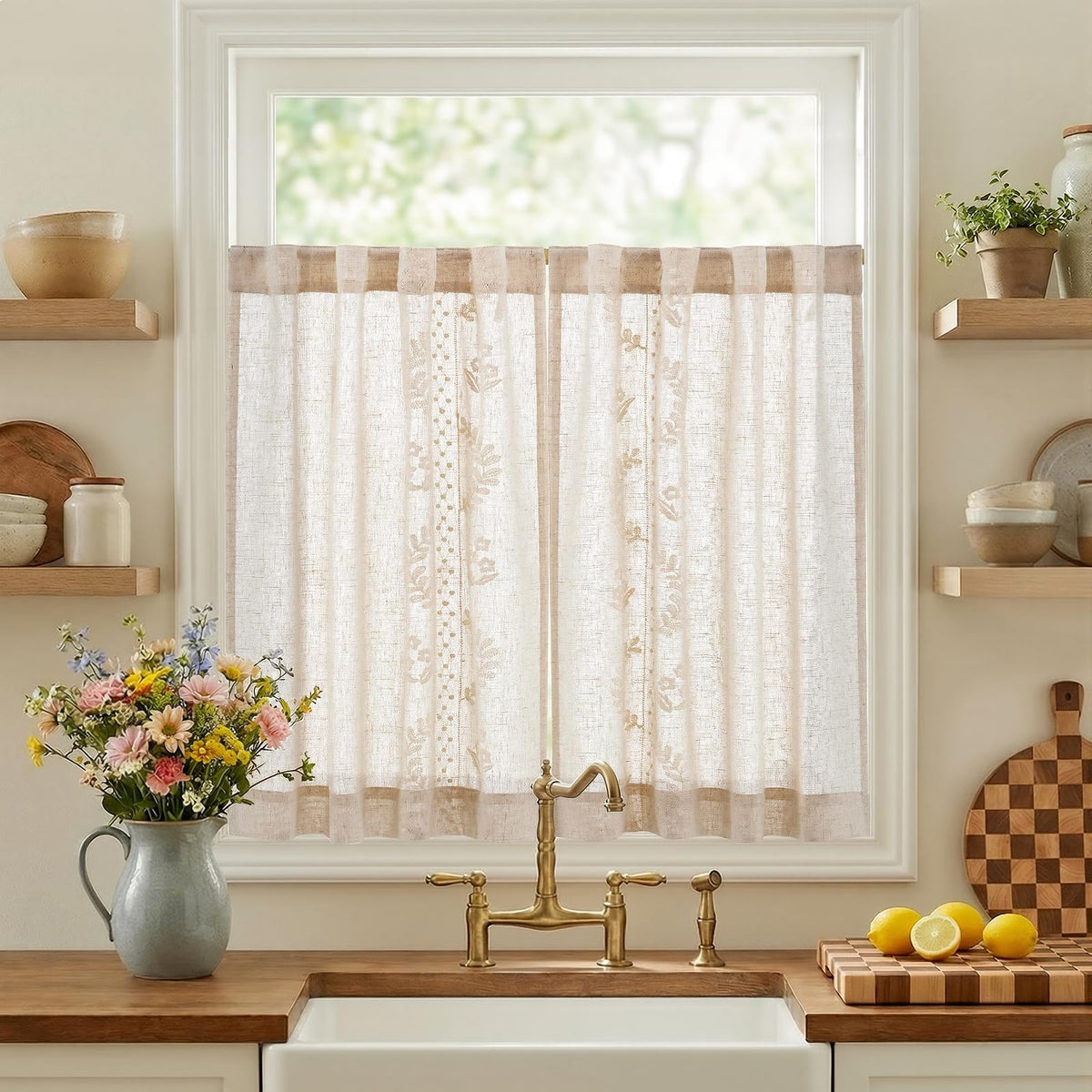jinchan Beige Floral Linen Kitchen Tier Curtains 50x45 Inch 2 Panels
