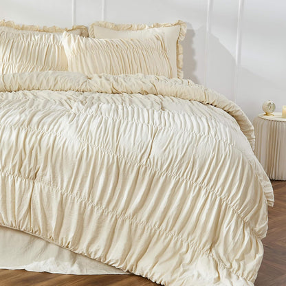 Bonlino Wheat Ruched Comforter Set Queen Size Ruffle Comforter Bedding