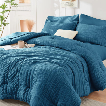Full Comforter Set - 7PCS Bed in a Bag, Seersucker Bedding Set, Dark Grey