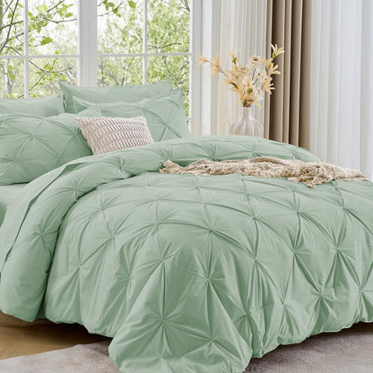 Sasttie Queen Comforter Set, 7-Piece Bed in a Bag, Pintuck Bedding Sets for All Season, Includes Comforter, Flat Sheet, Fitted Sheet, Pillowcases and Pillowshams, Beige