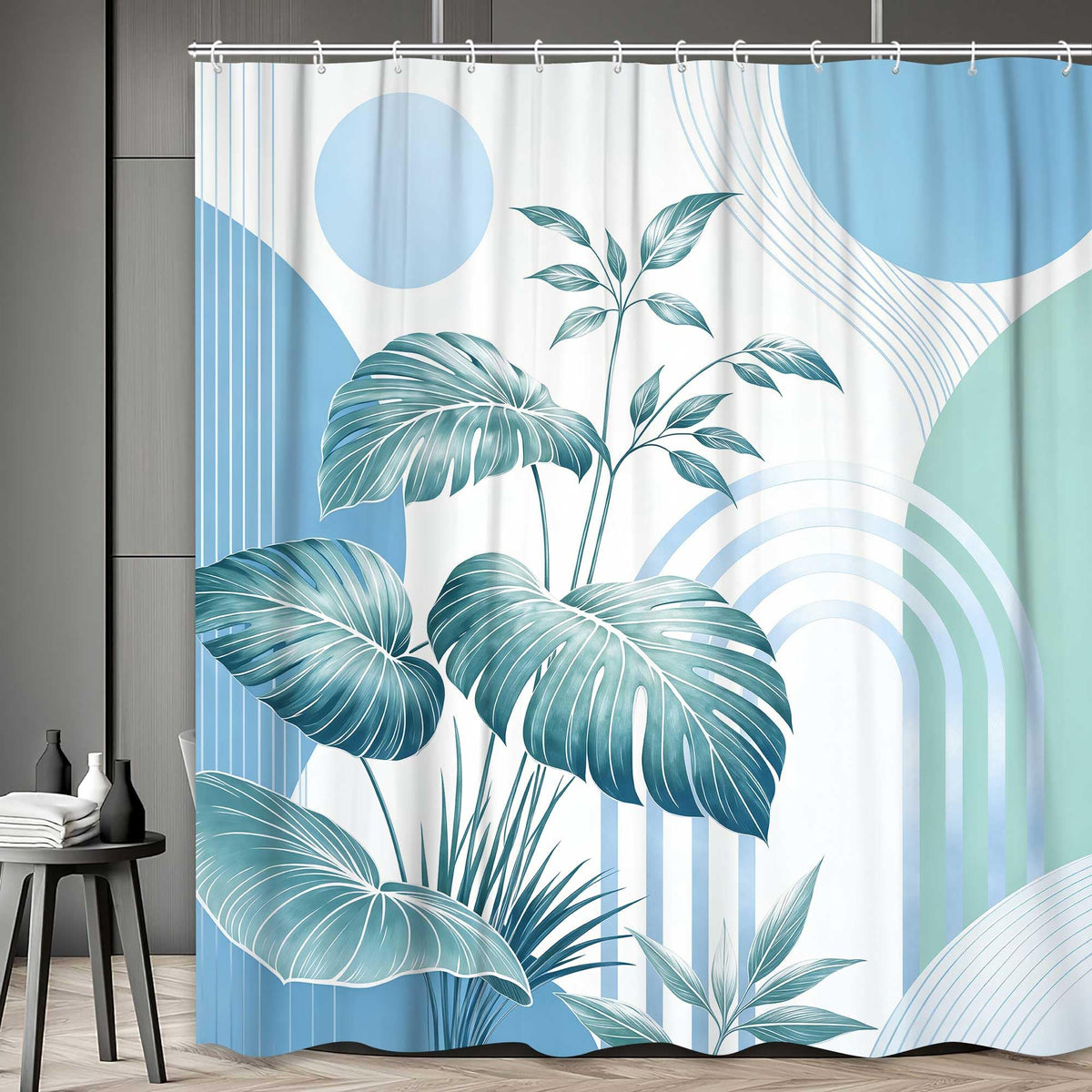 Bondjos Abstract Geometric Botanical Shower Curtain Mid Century Boho Tropical Gold Geometric Monstera Leaf Modern Minimalist Bathroom Curtain Modern Aesthetic Bath Accessories Art Home Decor