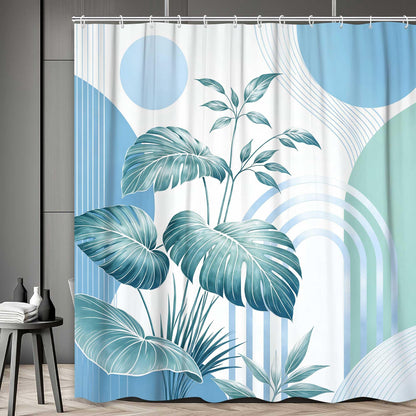 Bondjos Abstract Geometric Botanical Shower Curtain Mid Century Boho Tropical Gold Geometric Monstera Leaf Modern Minimalist Bathroom Curtain Modern Aesthetic Bath Accessories Art Home Decor