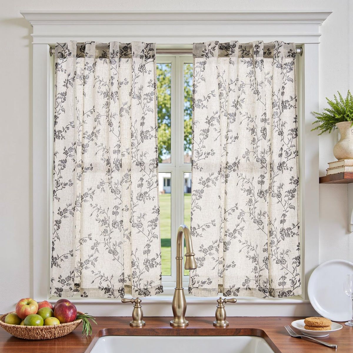 jinchan Floral Linen Kitchen Tier Curtains, 24 Inch, 2 Panels, Green