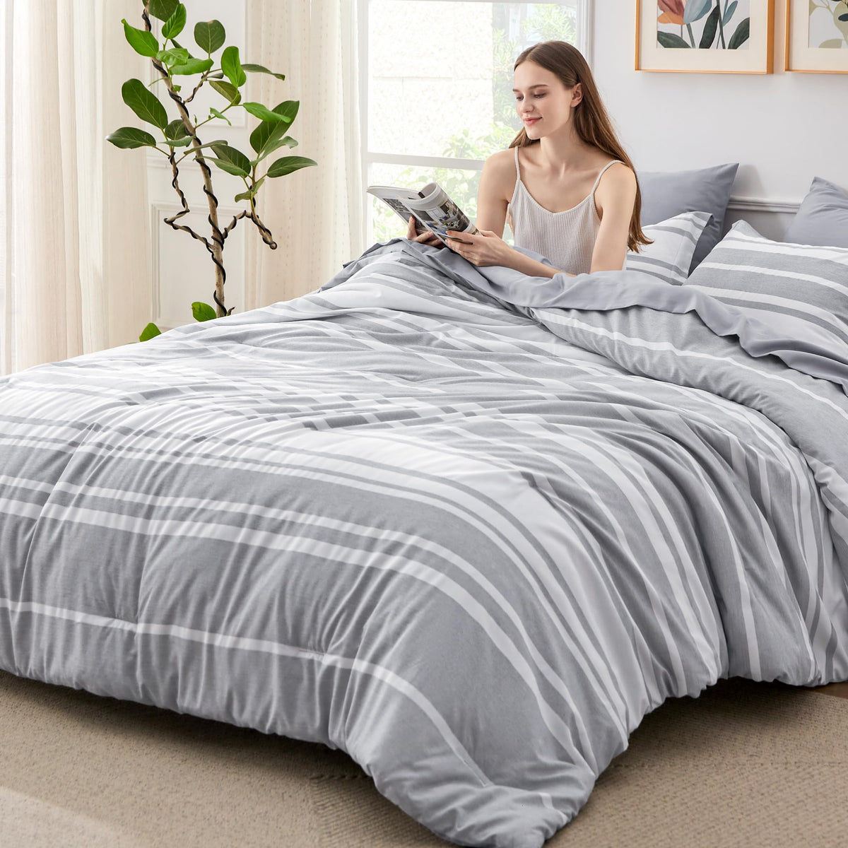Bedsure Full Comforter Set 7 Pc, Grey Striped, Reversible, All-Season