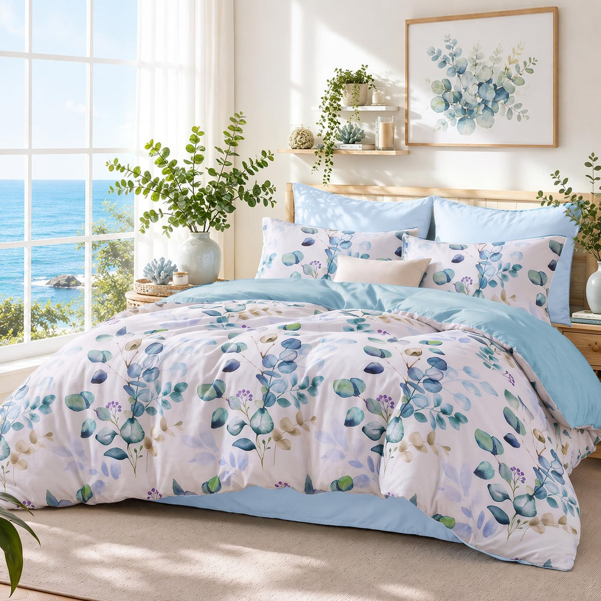 MUXHOMO Queen Comforter Set, 7-Piece Floral Bed in a Bag, Sage Green