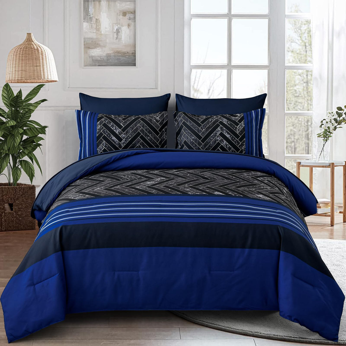 Luxudecor Burgundy Comforter Set Queen Size 7 Pieces Red and Black Stripe Bed in a Bag Geometric Comforter and Sheet Set, Soft Microfiber Complete Bedding Sets for All Seasons