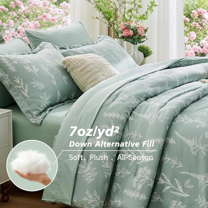MUXHOMO Queen Comforter Set, 7-Piece Floral Bed in a Bag, Sage Green