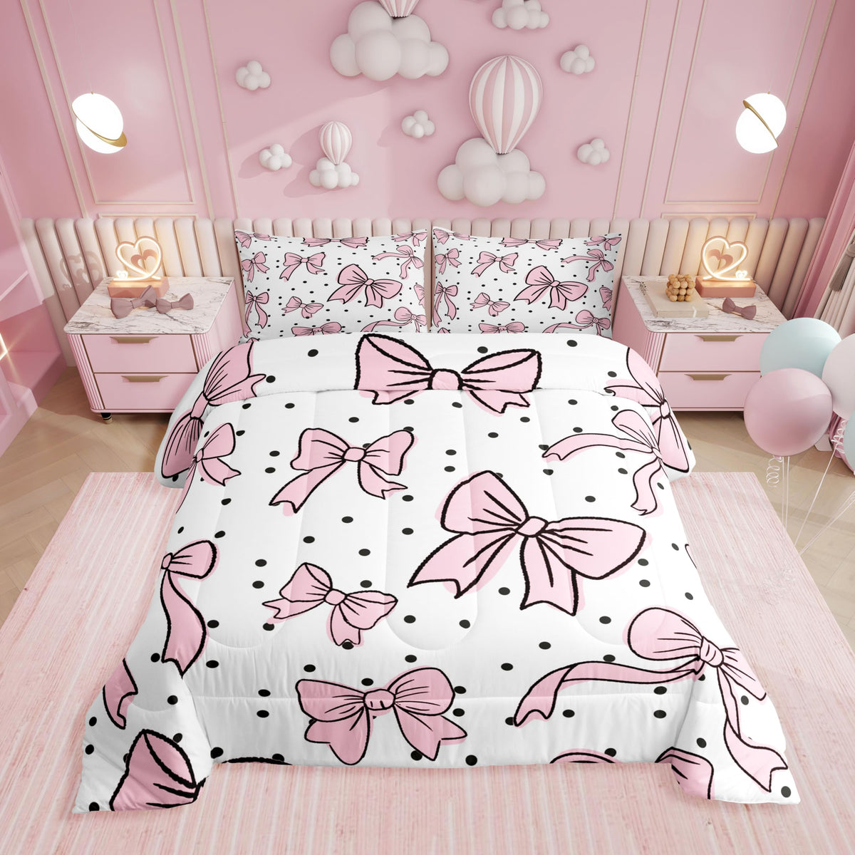 Erosebridal Cute Pink Bow Twin Bedding Set for Girls,Ribbon Bow Knot Comforter Set for Kids Kawaii Room Decor,Princess Bowknot Bed Set Girly Pink Bows Bedding Comforter Sets,1 Pillowcase