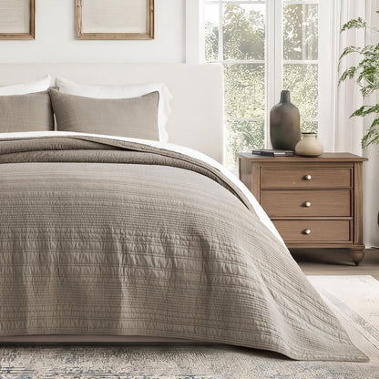 EVERGRACEHOME 100% Cotton Modern Lines Quilt Set King Size, Stone Taupe