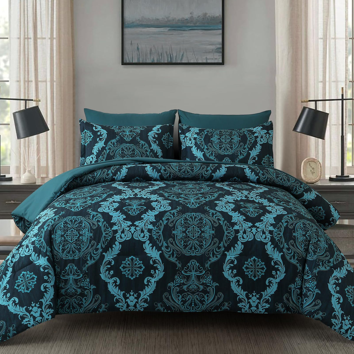 WONGS BEDDING Black Comforter Set Queen Size, Gold Damask Texture 7 Pieces Bed in a Bag Microfiber Comforter Bedding Sets -1 Comforter, 1 Flat Sheet, 1 Fitted Sheet, 2 Pillow Shams, 2 Pillowcases