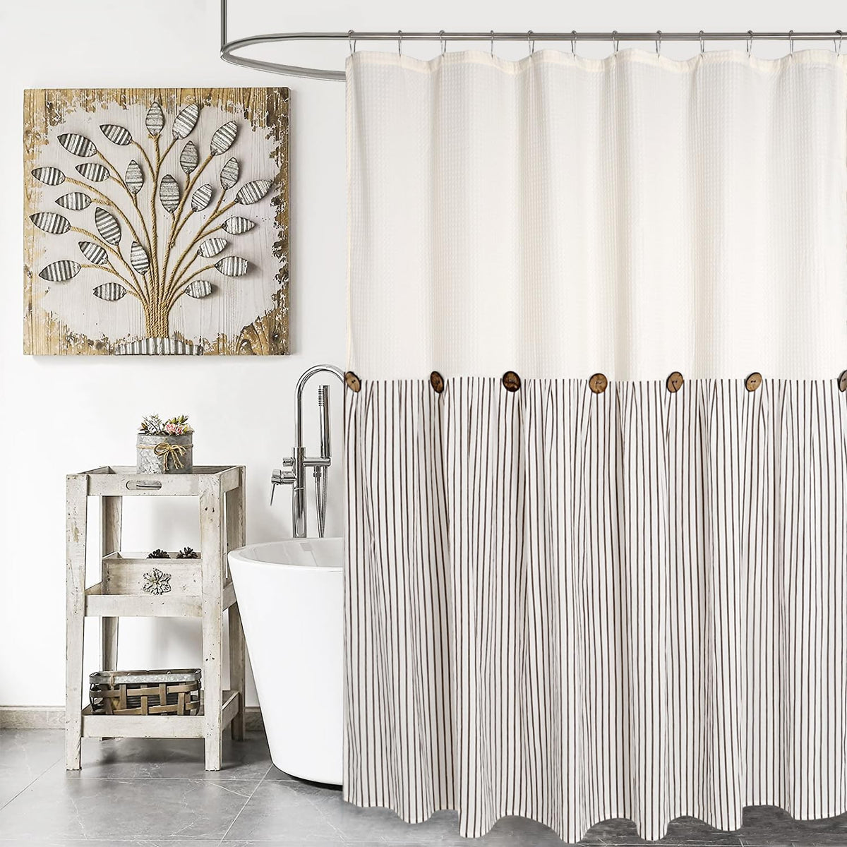 DOSLY IDÉES Farmhouse Shower Curtain,Beige and Gray Stripe,Button Curtain,Linen and Cotton Woven Fabric,Rustic Charm Country Chic Style,72x72 in