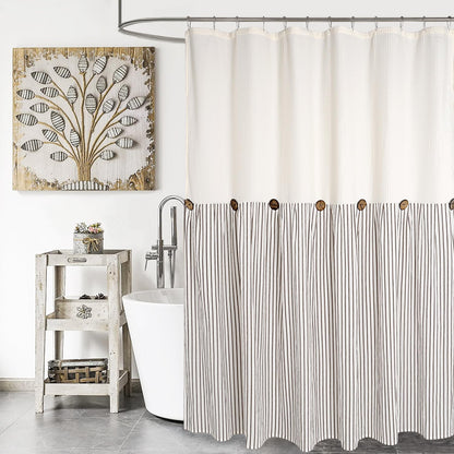 DOSLY IDÉES Farmhouse Shower Curtain,Beige and Gray Stripe,Button Curtain,Linen and Cotton Woven Fabric,Rustic Charm Country Chic Style,72x72 in