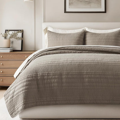 EVERGRACEHOME 100% Cotton Modern Lines Quilt Set King Size, Stone Taupe