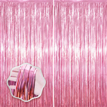 Voircoloria Laser Pink Foil Fringe Backdrop Curtains,3.3x6.6ft, 2 Pack
