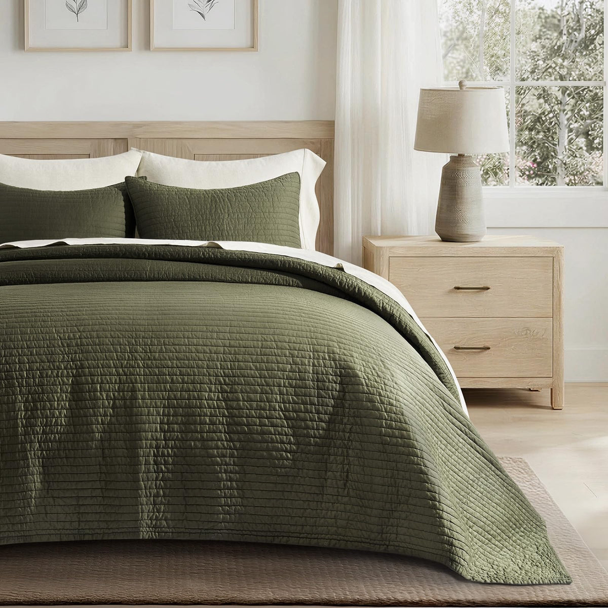 EVERGRACEHOME Cotton Sateen Quilt Set, Queen Size, Olive Green