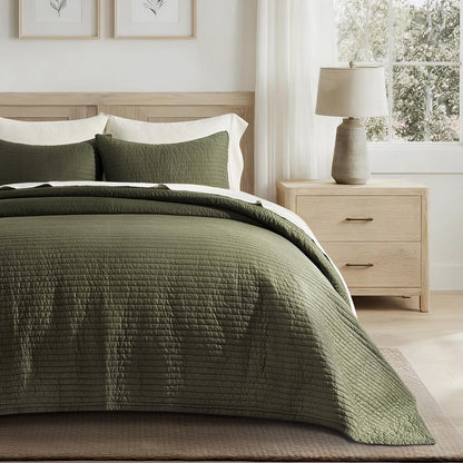 EVERGRACEHOME Cotton Sateen Quilt Set, Queen Size, Olive Green