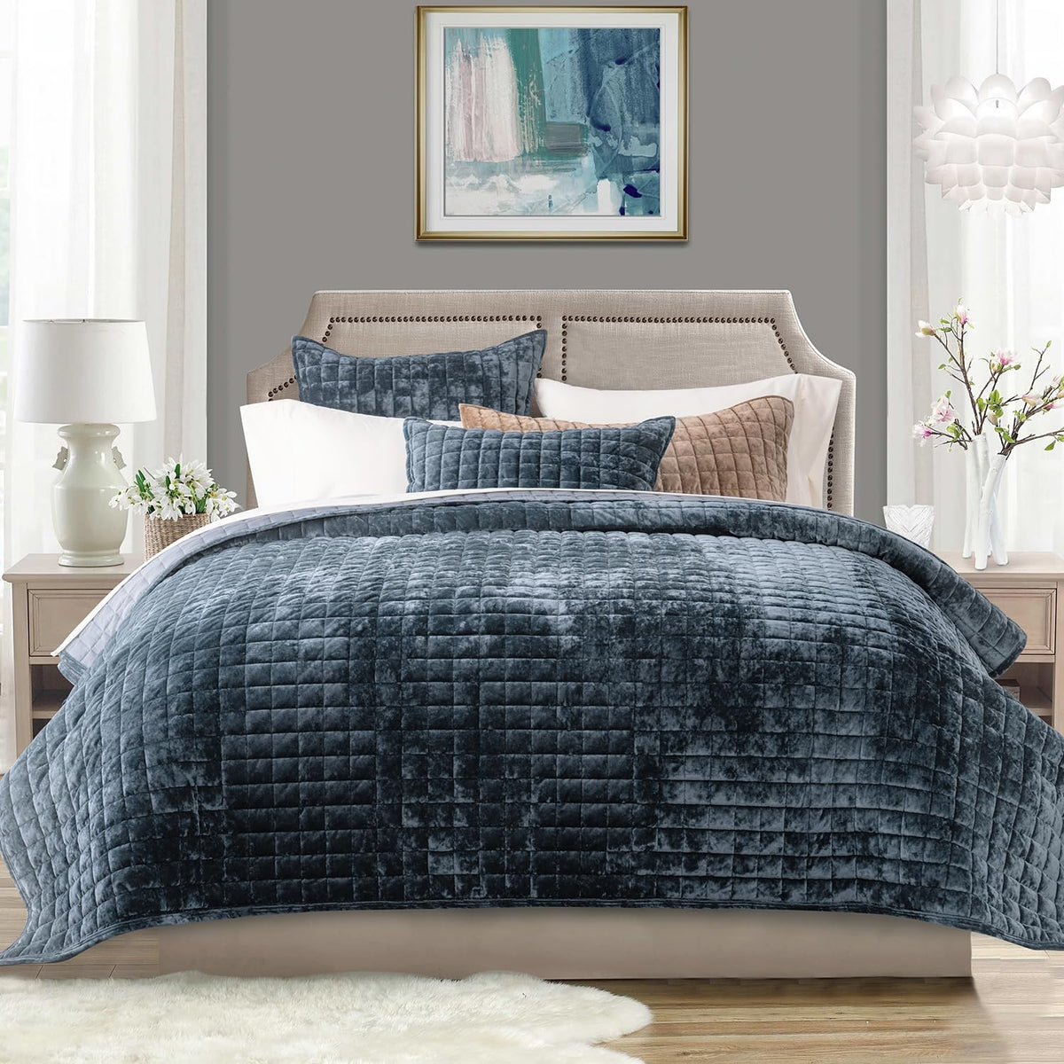 RECYCO Channel Box Stitch Velvet Quilt Set, King Size, Beige