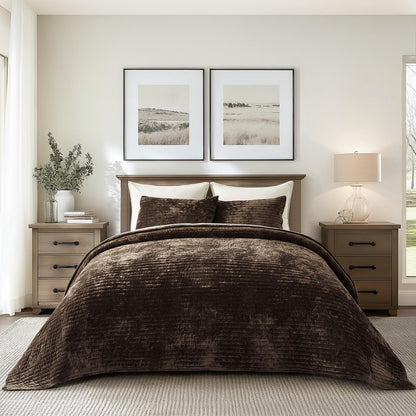 EverGrace Stripe Channel Luxury Velvet Quilt Set King Size, Beige Taupe