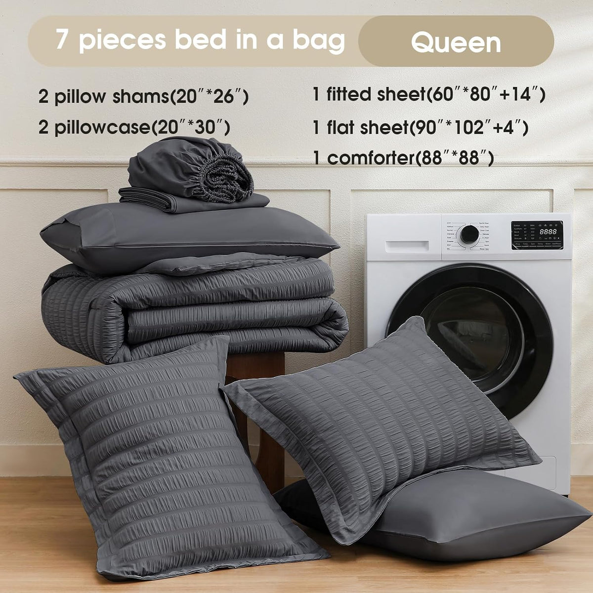 FreshCulture Comforter Set Seersucker 7 Pieces, All Season Bedding Set Queen, Bed in a Bag Comforter Set with 1 Comforter, 1 Flat Sheet, 1 Fitted Sheet, 2 Pillowcases and 2 Pillow Shams, Dark Grey