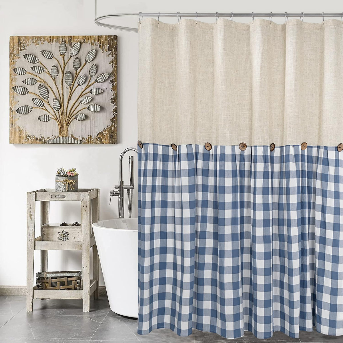 DOSLY IDÉES Farmhouse Shower Curtain,Beige and Gray Stripe,Button Curtain,Linen and Cotton Woven Fabric,Rustic Charm Country Chic Style,72x72 in