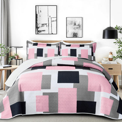 Tyrot 3 Piece Black Grey Quilt Full/Queen Size Black White Gray Bedding Set