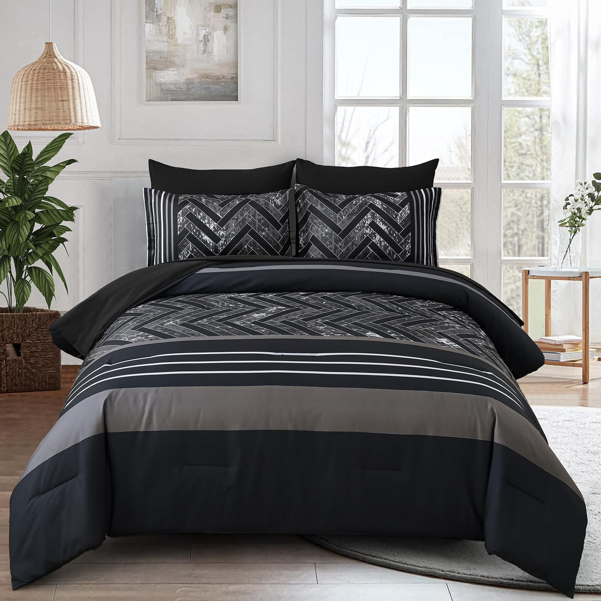 Luxudecor Burgundy Comforter Set Queen Size 7 Pieces Red and Black Stripe Bed in a Bag Geometric Comforter and Sheet Set, Soft Microfiber Complete Bedding Sets for All Seasons