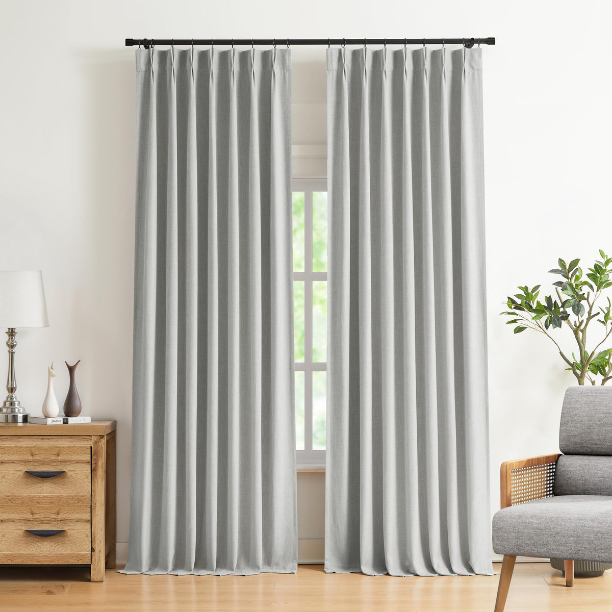 Vision Home Natural Pinch Pleated Full Blackout Curtains Linen Blended Room Darkening Window Curtains 95 inch for Living Room Bedroom Thermal Insulated Pinch Pleat Drapes with Hooks 2 Panel 40"Wx95"L