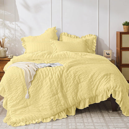 JOLLYVOGUE White Comforters Queen Size, 3 Pieces Ruffle Seersucker Queen Comforter Set for All Season, Lightweight Soft Shabby Chic Bedding Sets for Women（1 Comforter, 2 Pillowshams）