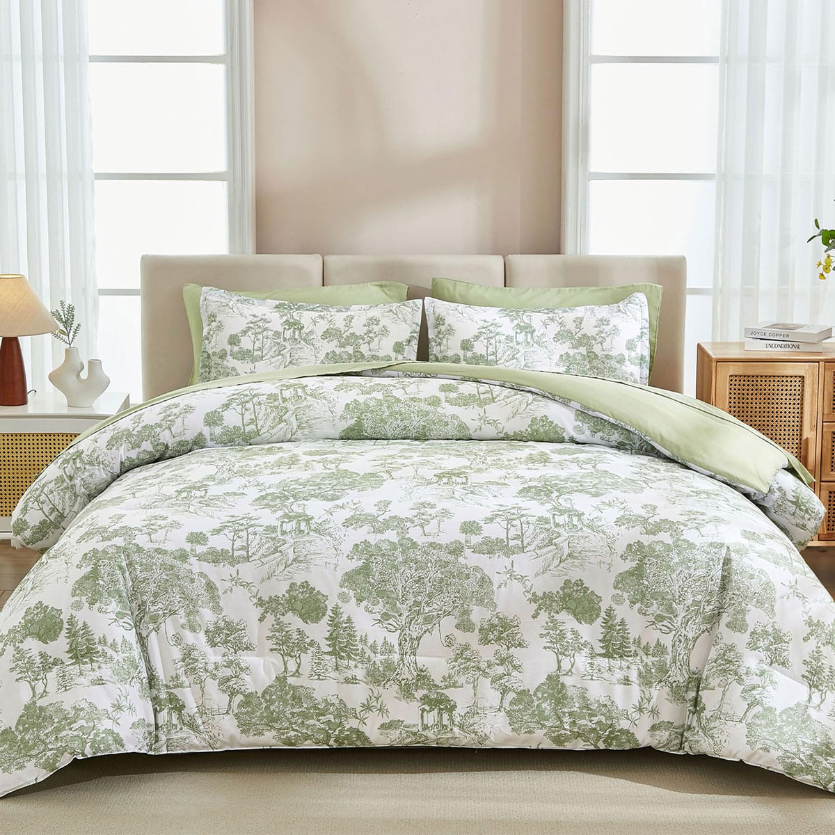 DJY Blue Comforter Set King, 7 Pieces Bed in a Bag King Size Botanical Comforters with Sheets Elegant Plants Print Soft Microfiber Reversible Complete Bedding Sets for All Season