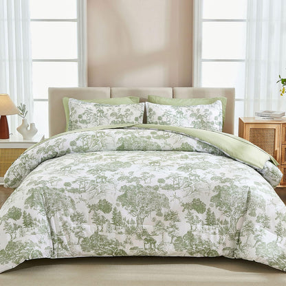 DJY Blue Comforter Set King, 7 Pieces Bed in a Bag King Size Botanical Comforters with Sheets Elegant Plants Print Soft Microfiber Reversible Complete Bedding Sets for All Season