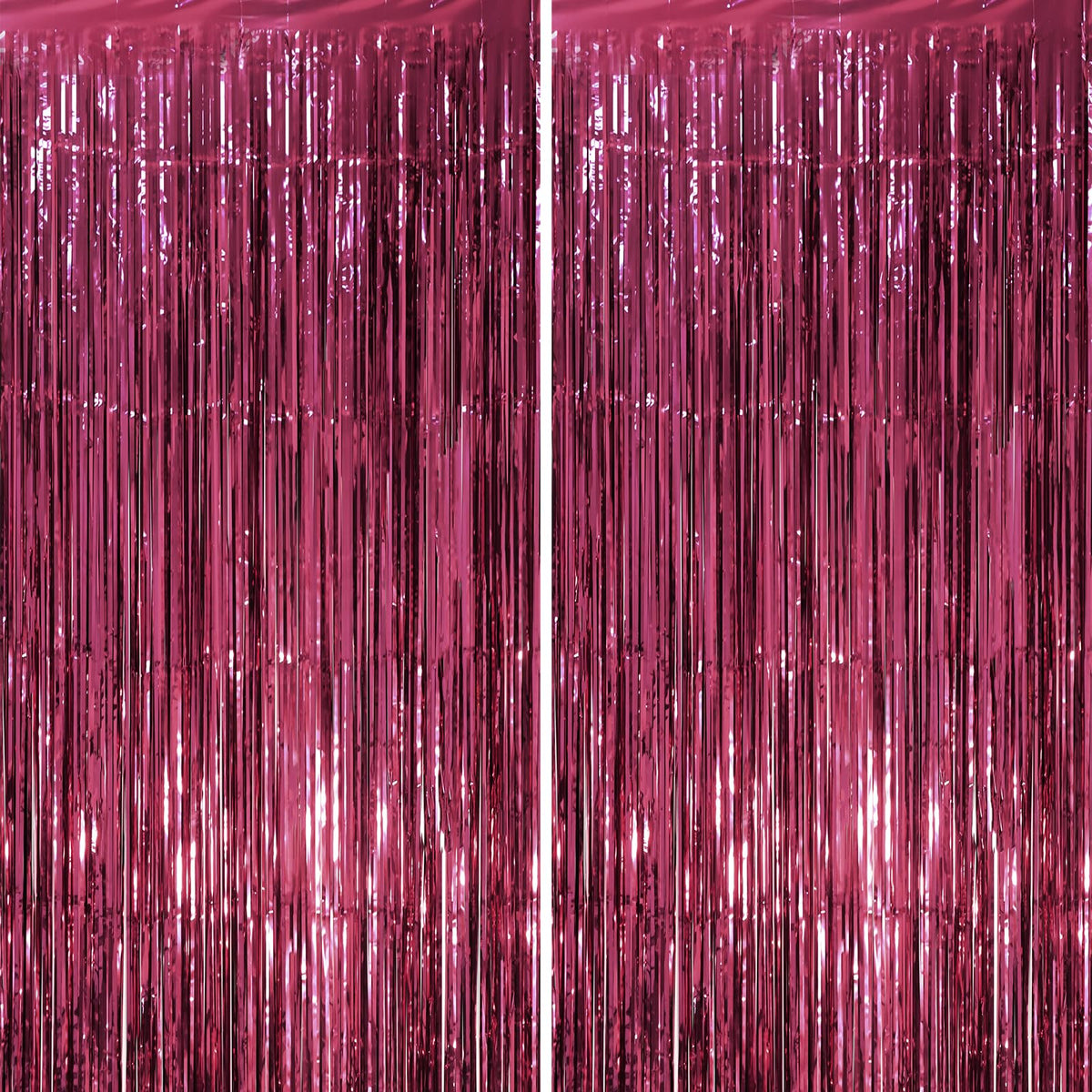 Voircoloria Laser Pink Foil Fringe Backdrop Curtains,3.3x6.6ft, 2 Pack